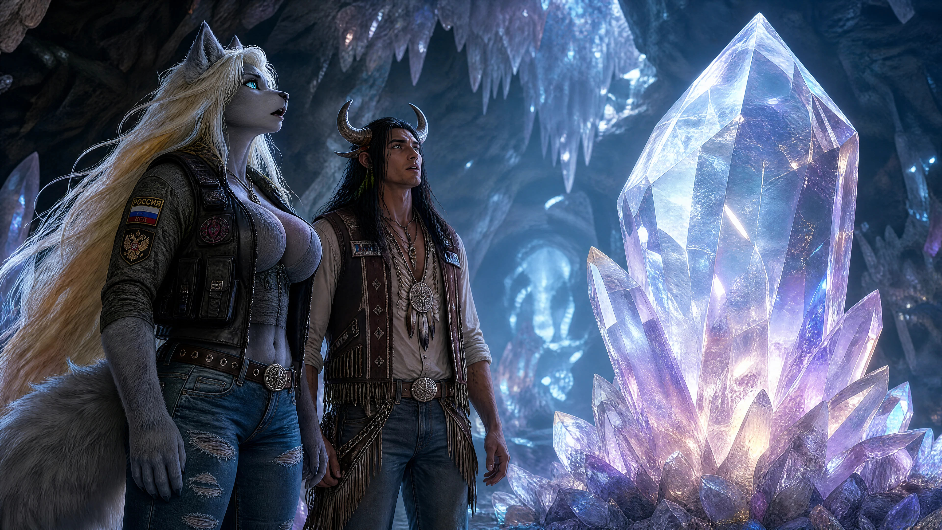 Anthro-Wolfs­kriegerin und Ehemann in leuchtender Kristallhöhle
