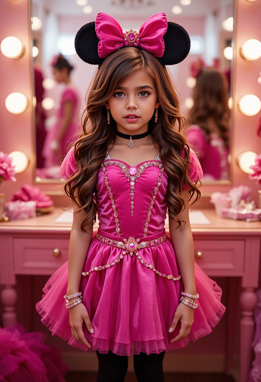 Menino pré-adolescente com fantasia de princesa rosa na penteadeira do quarto
