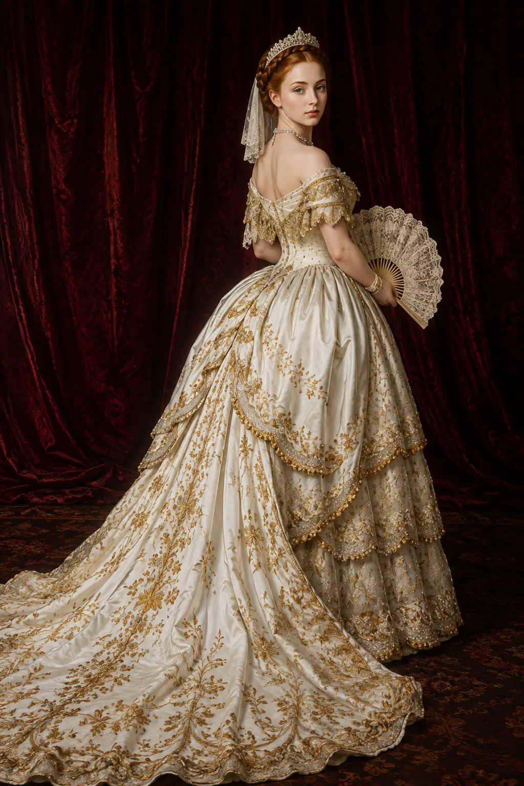 Victorian woman in jeweled tiara and gold embroidered gown