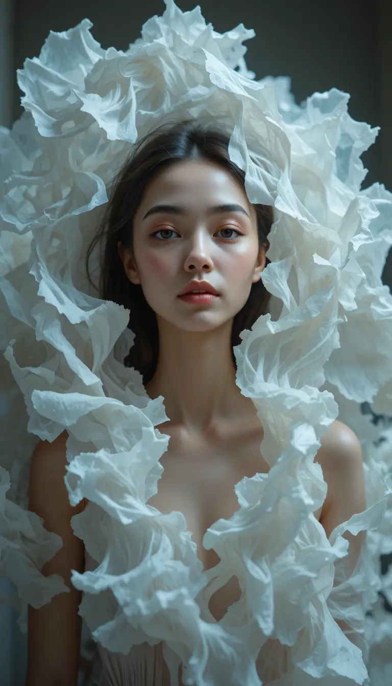 Woman wrapped in ethereal flowing tissue paper art