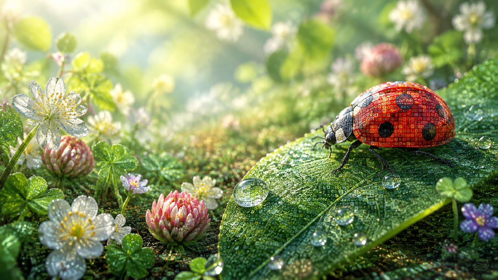 Marienkäfer auf Frühlingsblatt im verspielten Datengarten