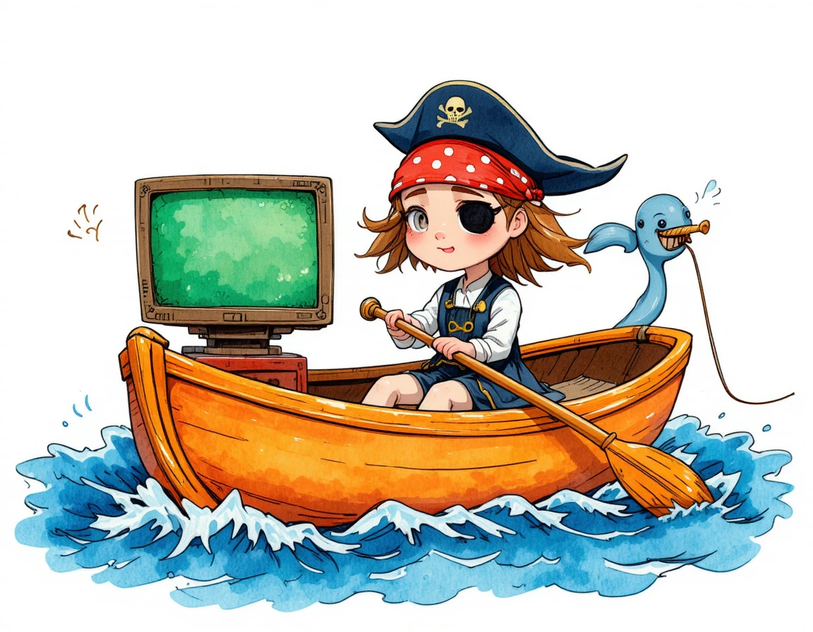 Young pirate girl rowing with a quirky cartoon narwhal