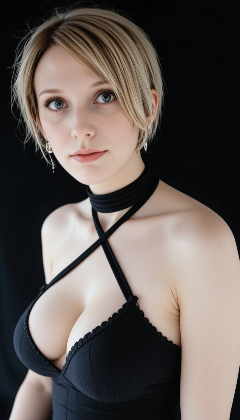 Blonde goth girl in glasses leaning forward in profile