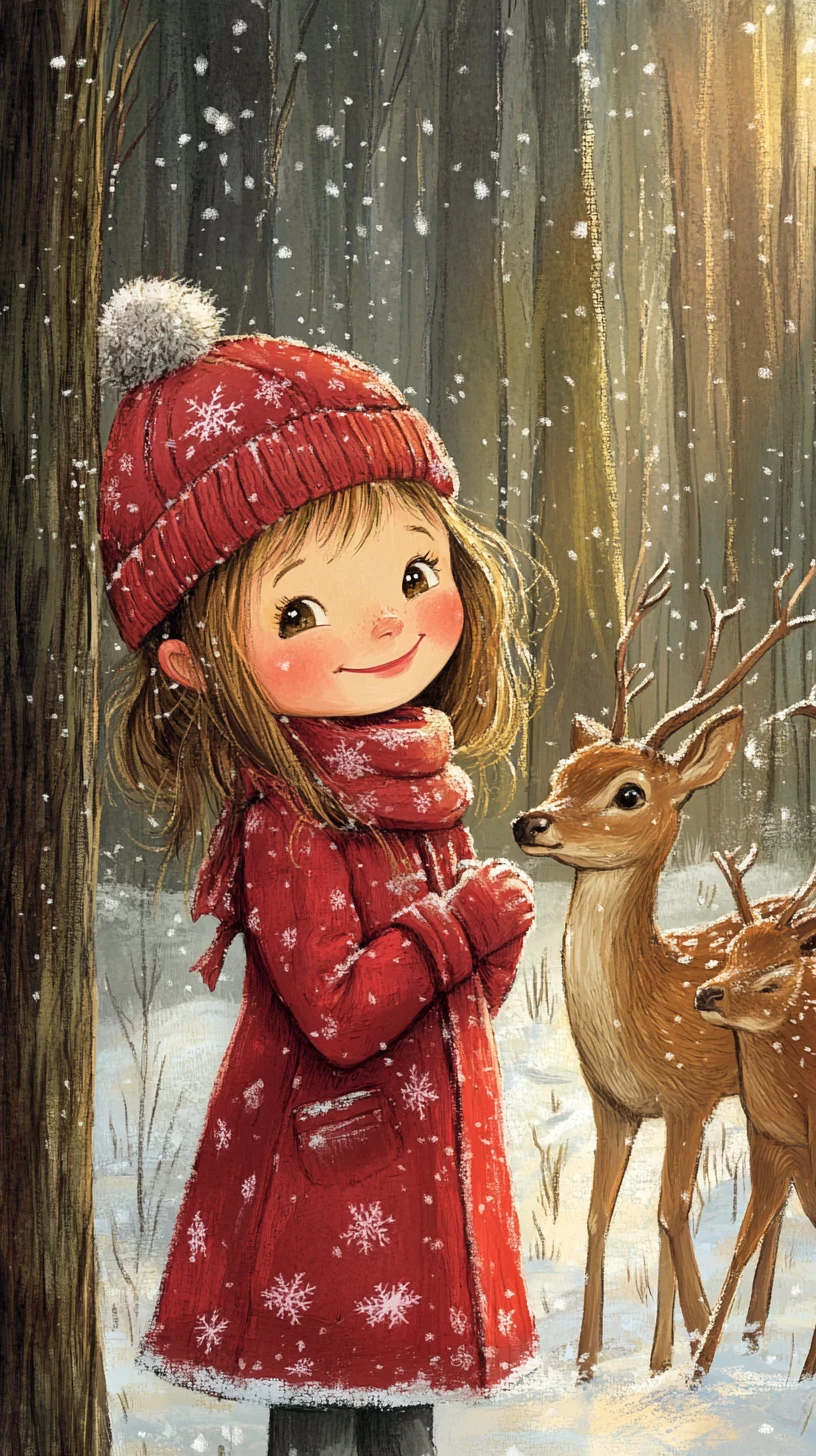 雪の森で鹿たちに囲まれた赤いコートの笑顔の少女