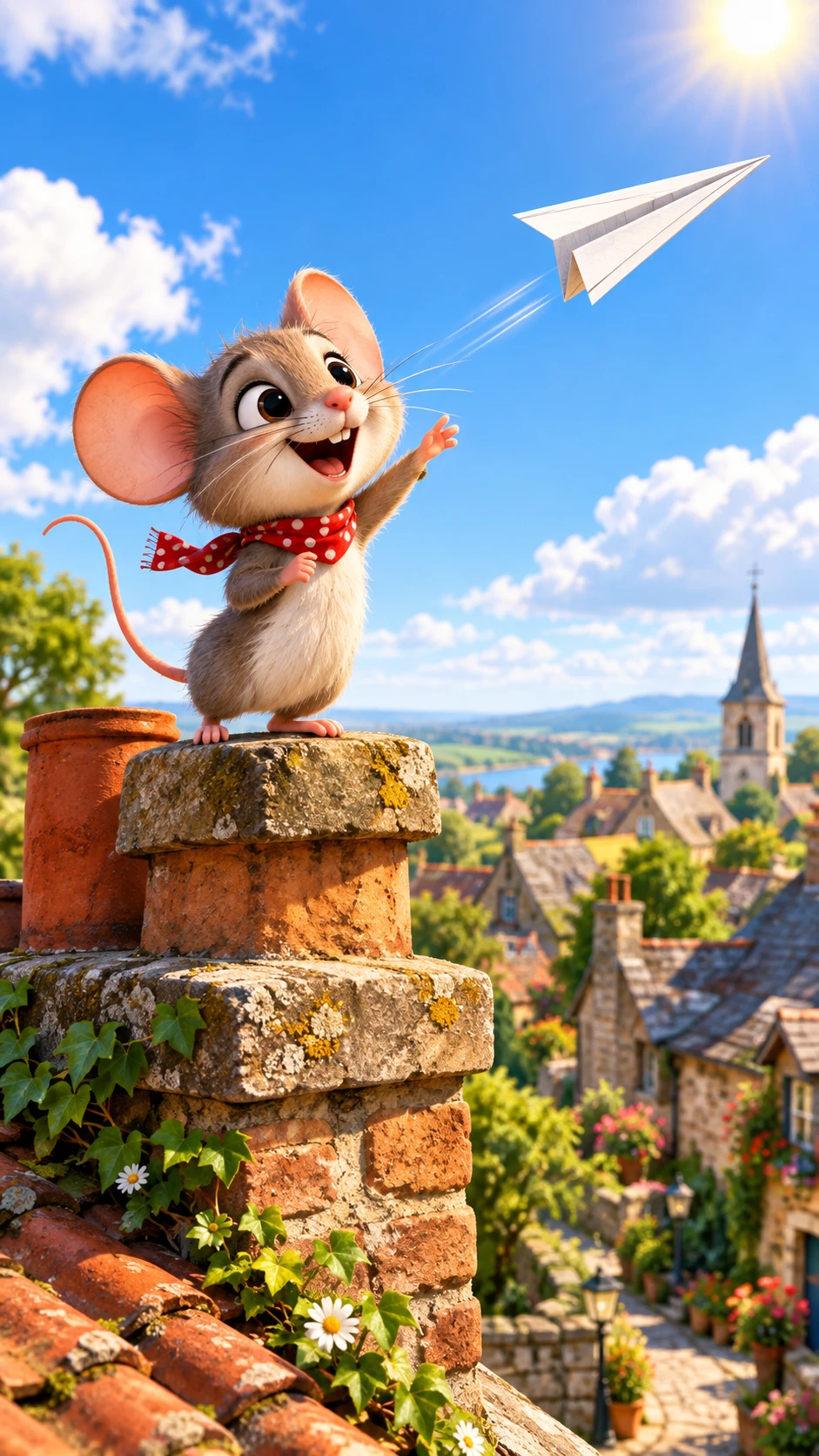 Ratozinho alegre voando em um avião de papel sobre telhados da vila