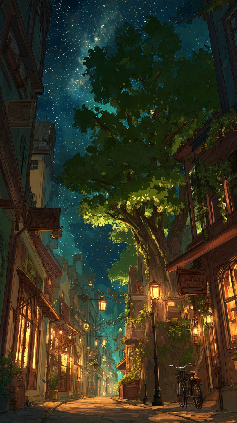 Beco norueguês estreito ao anoitecer com janelas iluminadas e árvore