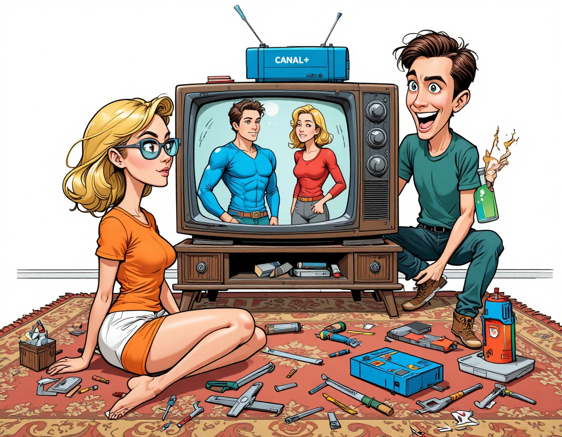 Donna bionda che osserva due uomini assorti in una TV retrò