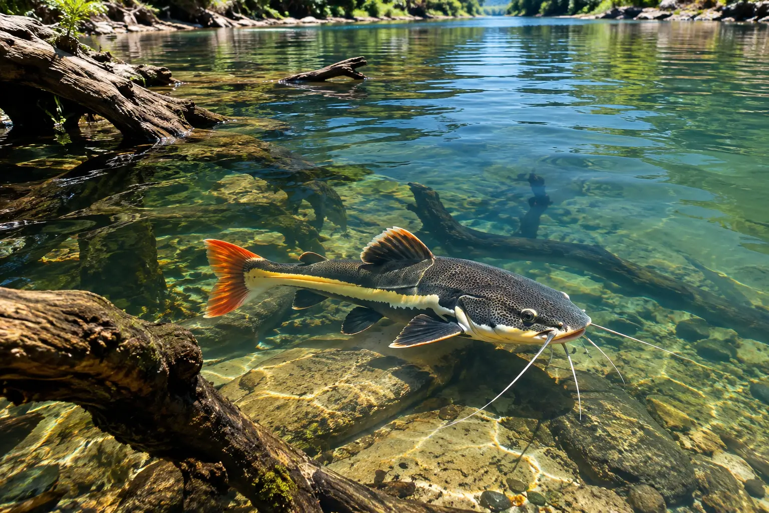 Colorful pirarara fish swimming in a clear river