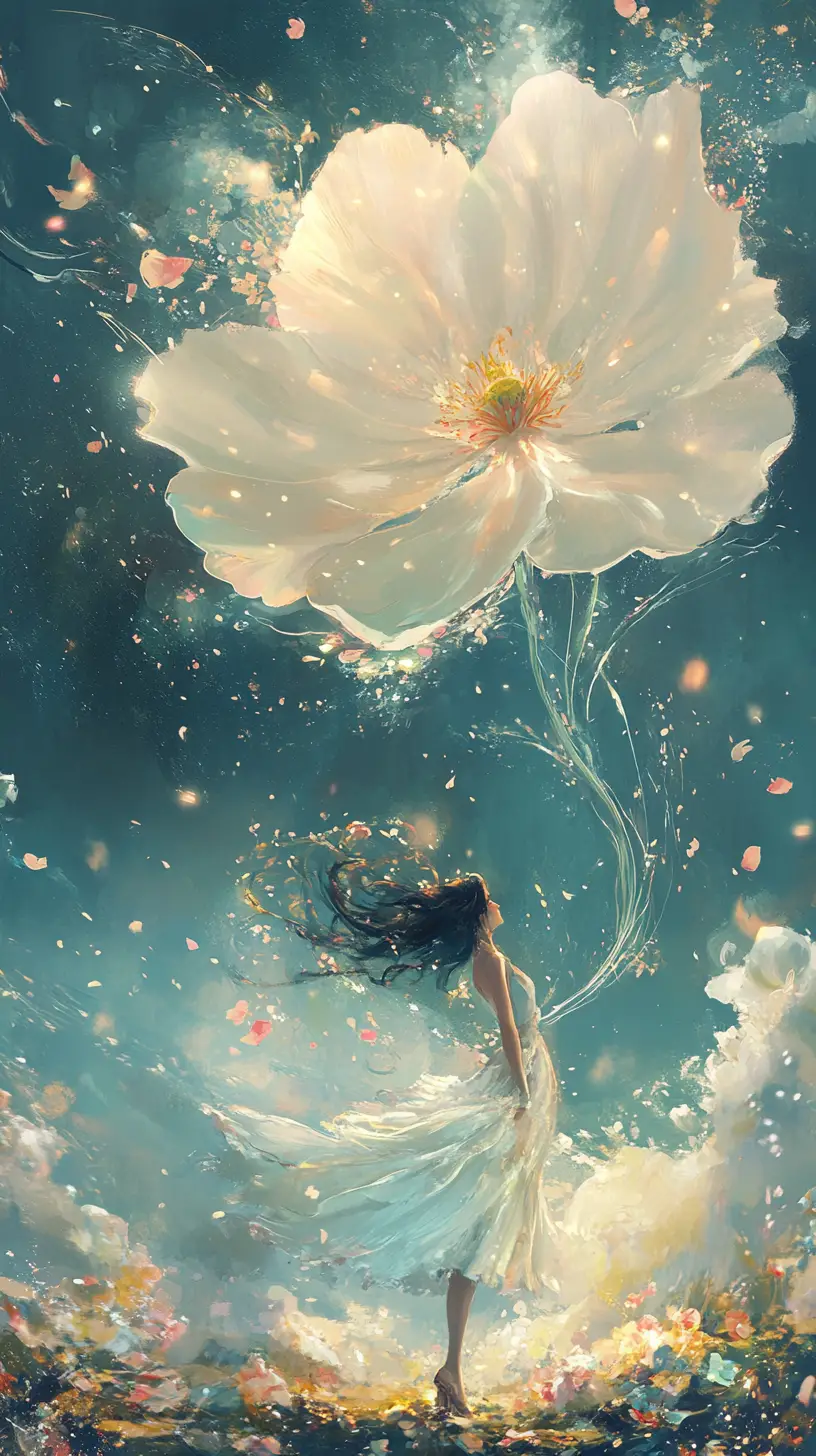 Joyful woman dancing in glowing fantasy landscape