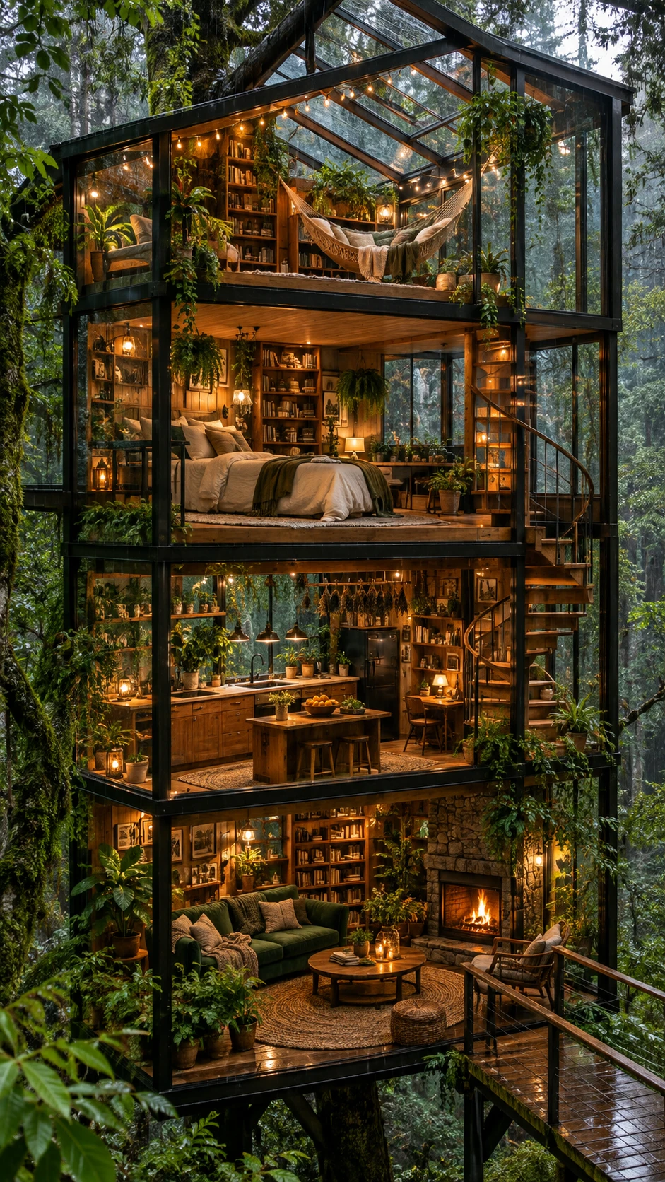 Gemütliches gläsernes Baumhaus, das in einem regnerischen grünen Wald leuchtet