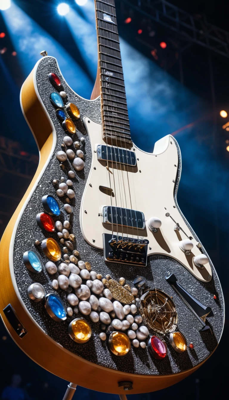 Vue macro d’un microcosme de concert rock à l’intérieur d’une guitare