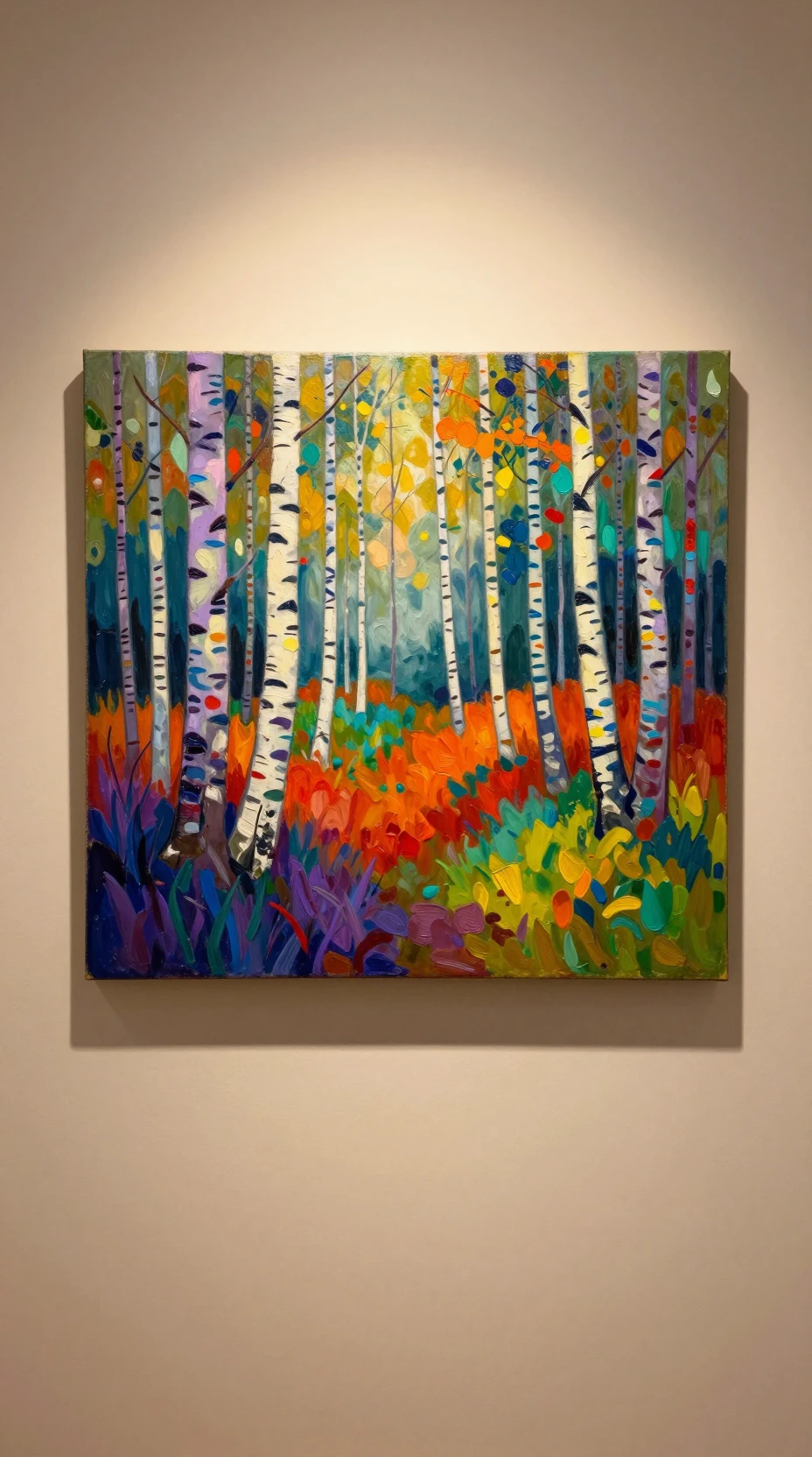 Colorful birch forest oil painting on beige gallery wall