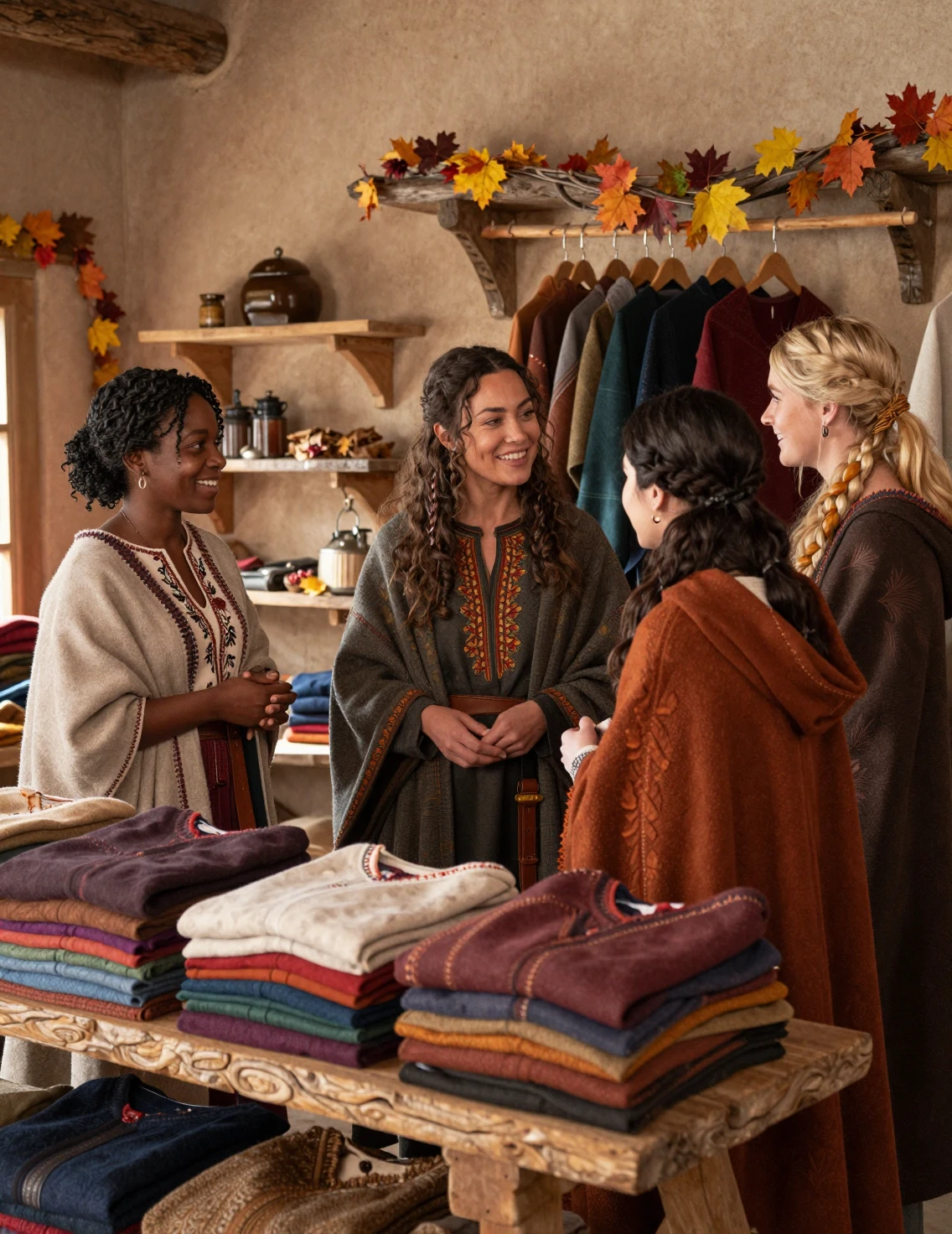Quatre femmes faisant du shopping dans une boutique de vêtements fantasy rustique