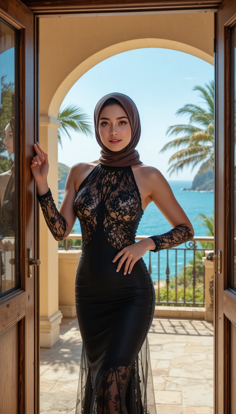 Mulher elegante de hijab na porta de uma villa à beira-mar