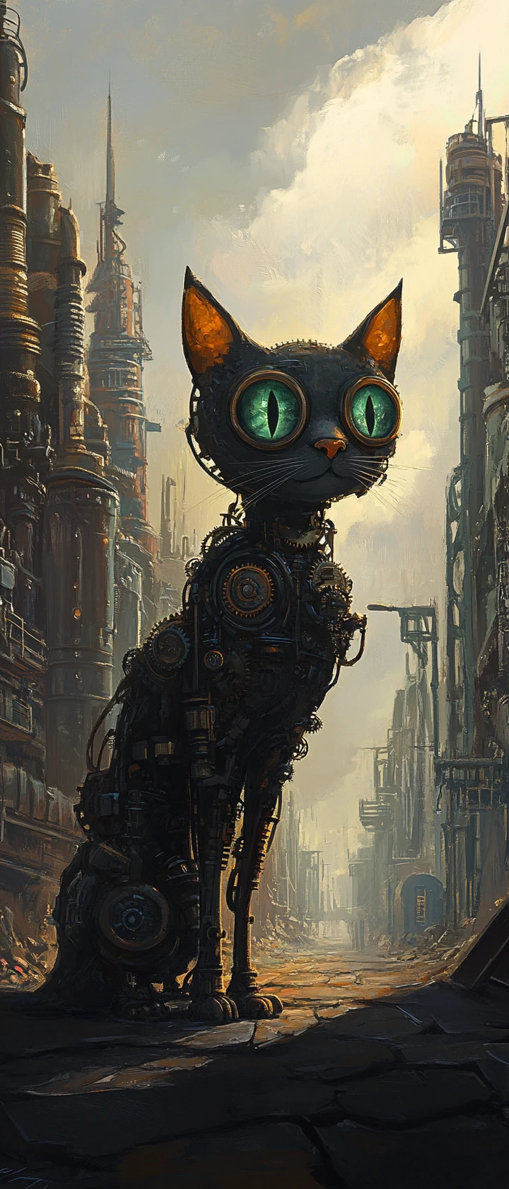 Gato mecânico perambulando por uma cidade steampunk deserta ao entardecer