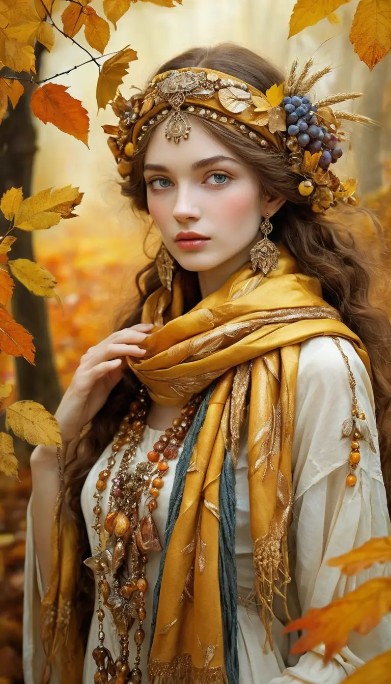 Herbstfrau mit goldenem, magischem Schal voller Natursymbole