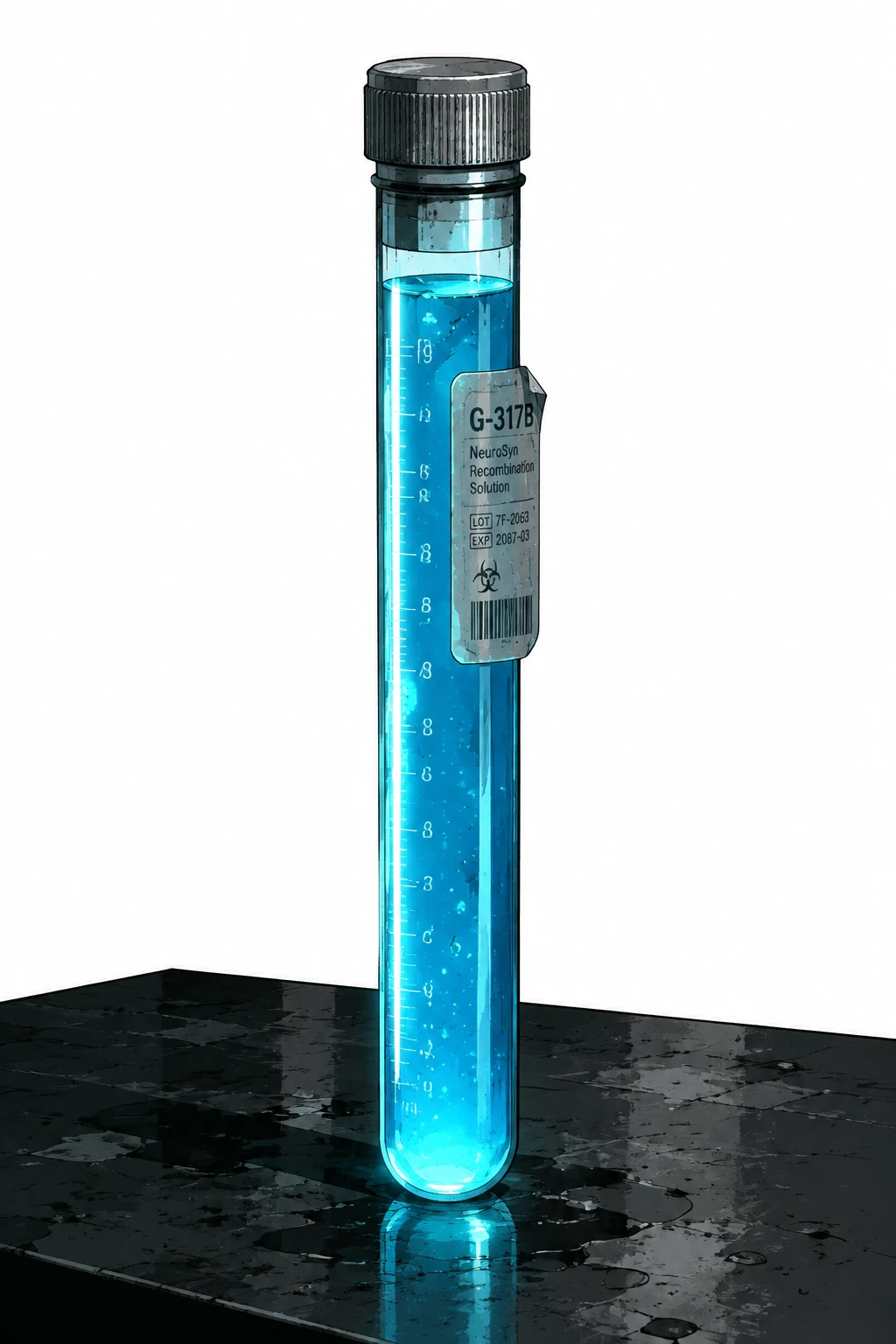 Tubo de ensayo azul brillante sobre mesa de laboratorio oscura y polvorienta