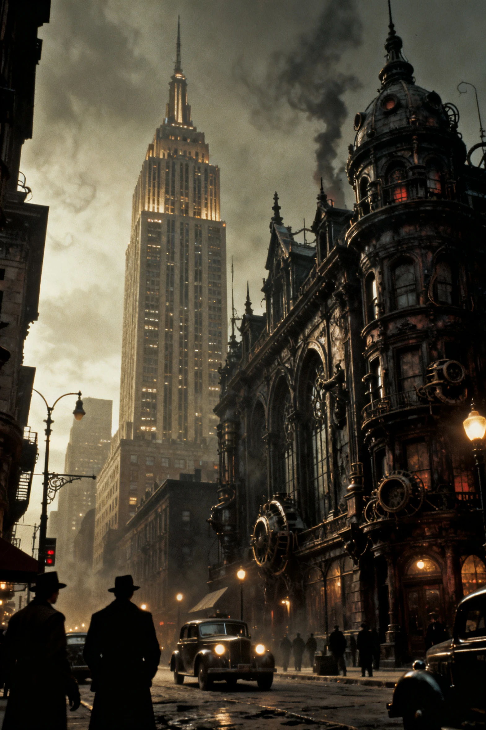 Rua escura steampunk em Nova York com arranha-céus góticos