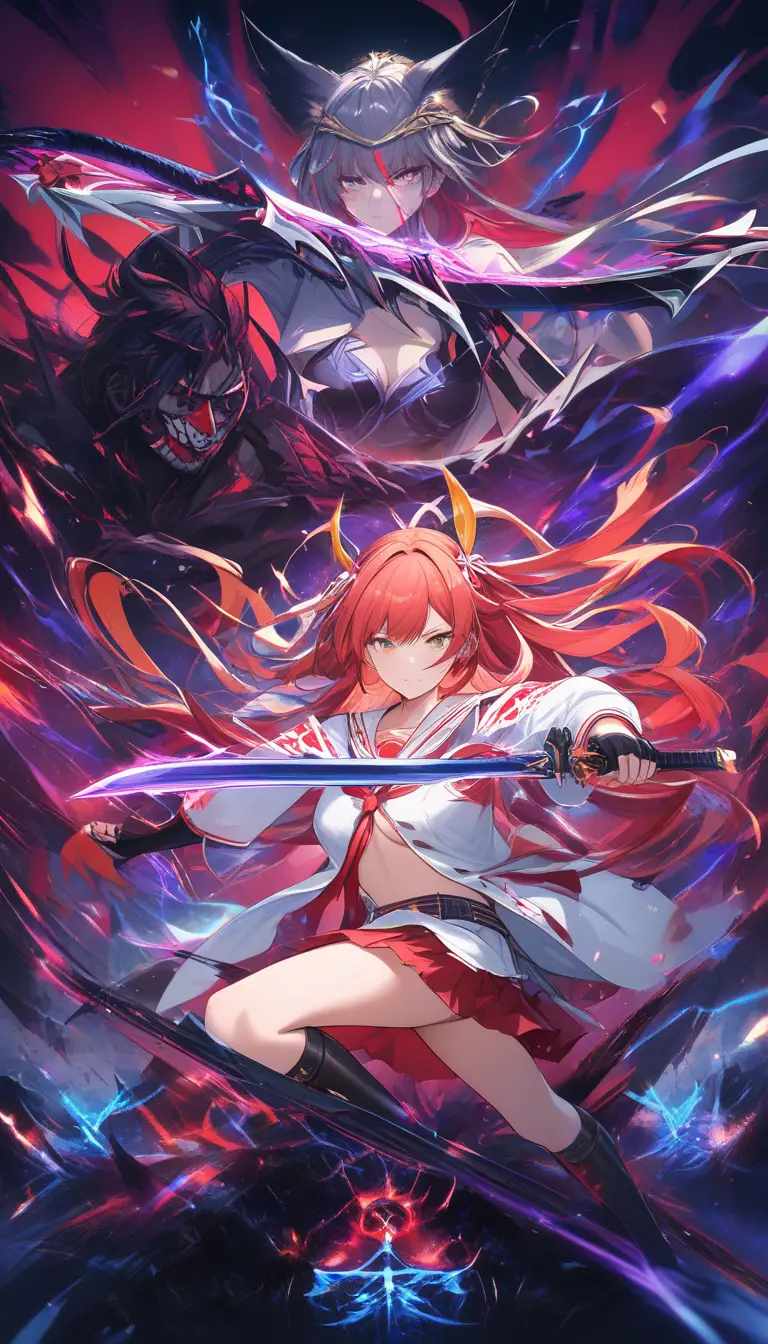 Samurai colegial de anime atacando demônios em um reino sombrio