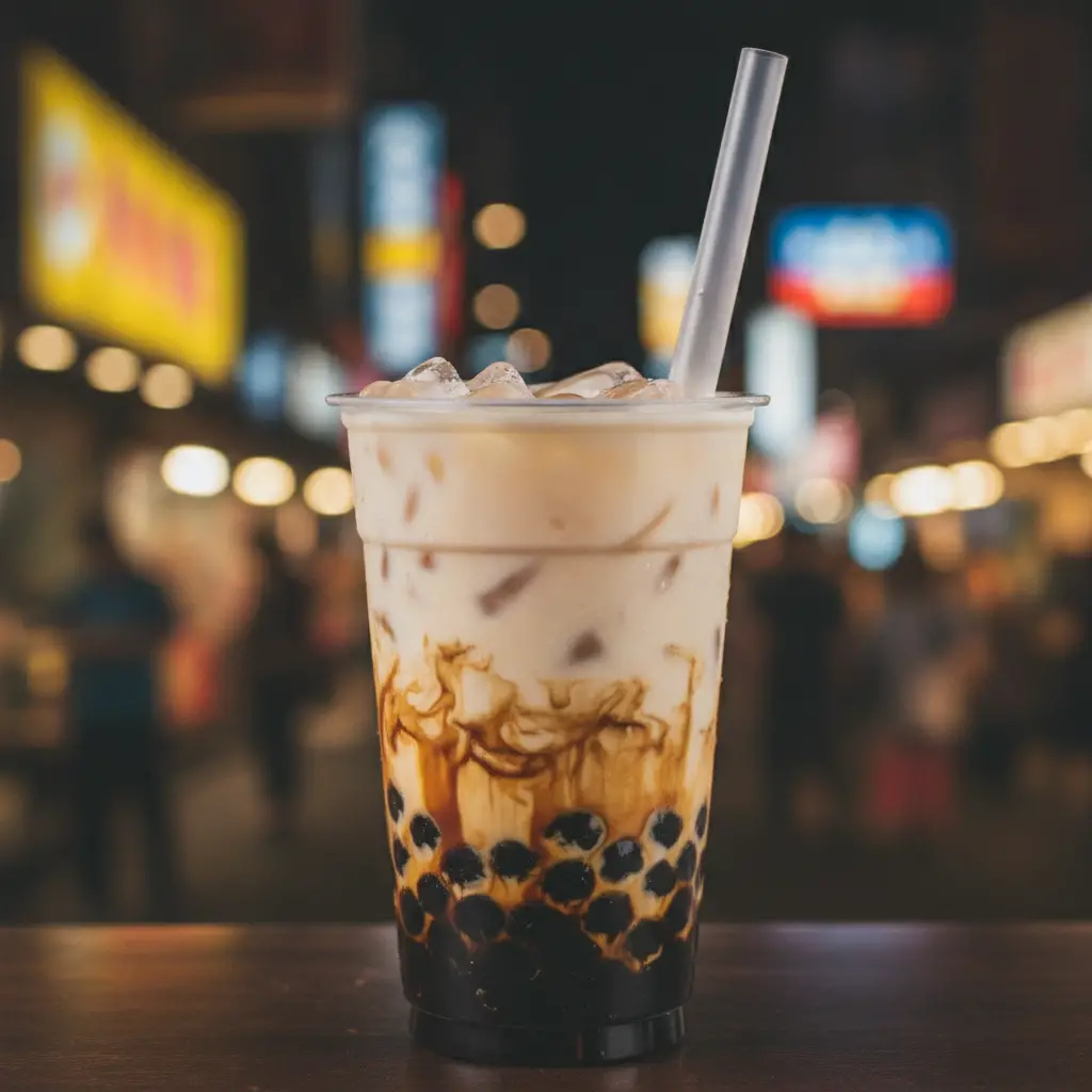 夜晚黑糖珍珠奶茶特寫
