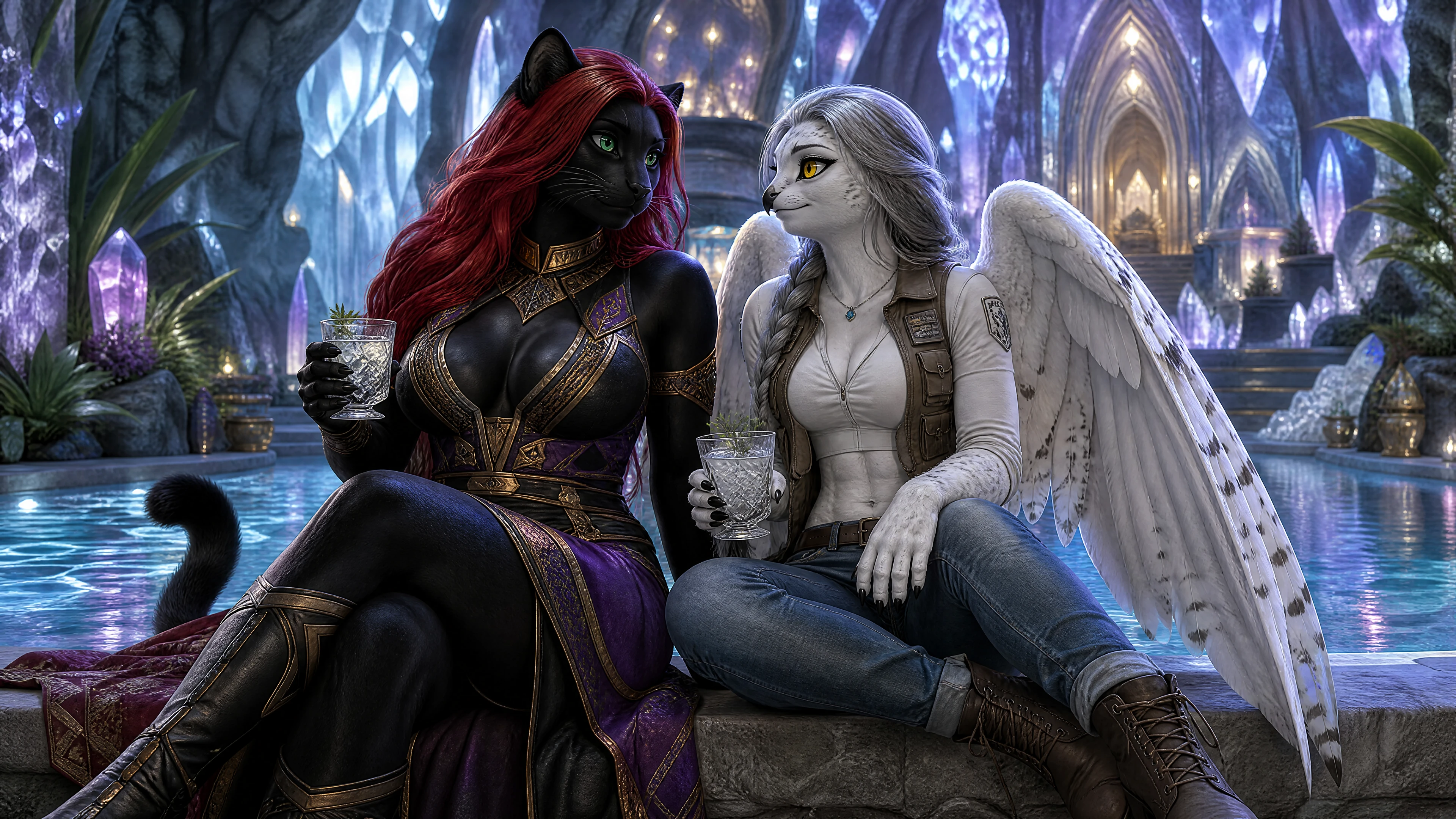 Interracial anthro wives relaxing by a crystal cavern pool