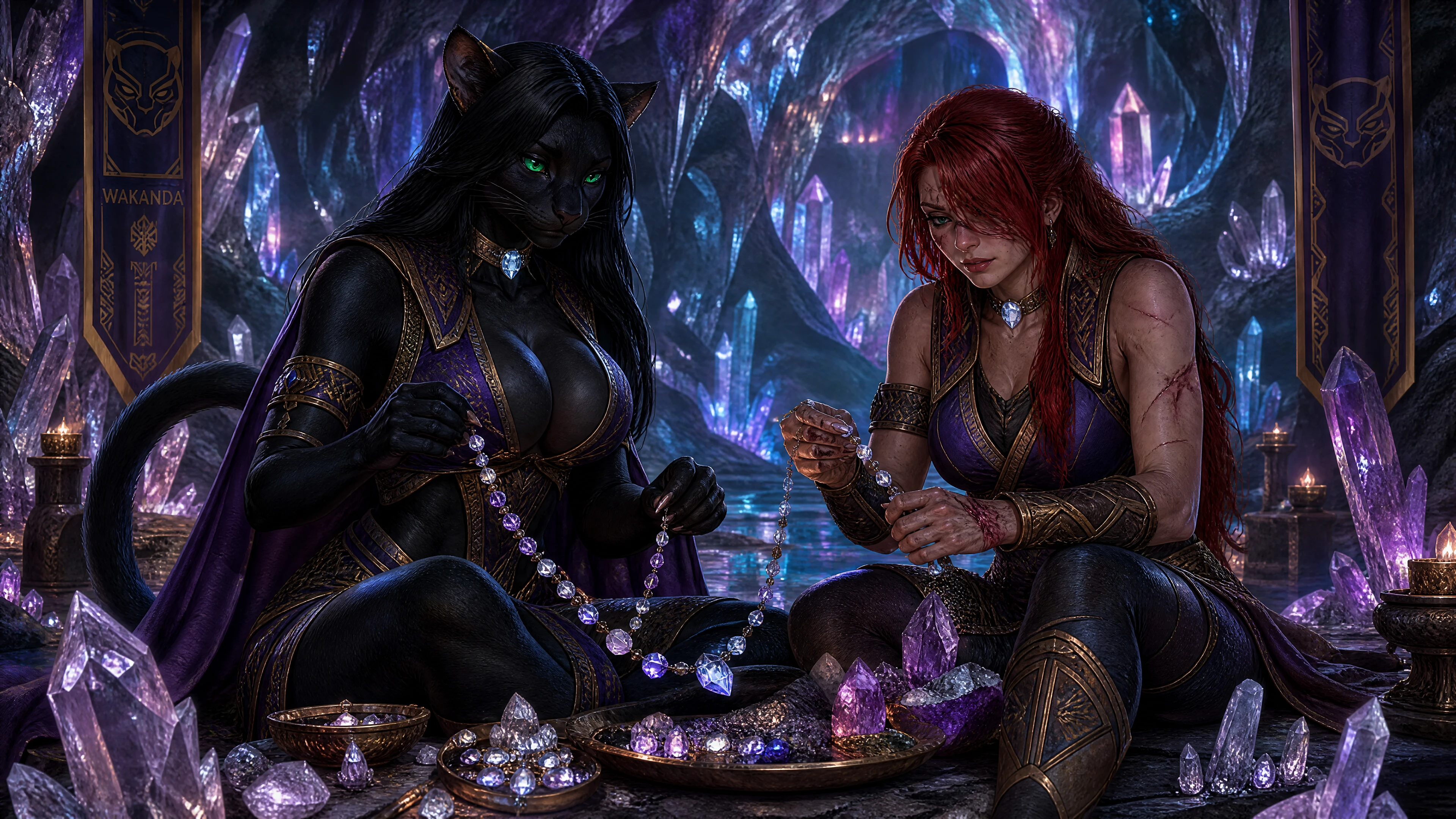 Duas rainhas guerreiras criando juntas um colar de cristal