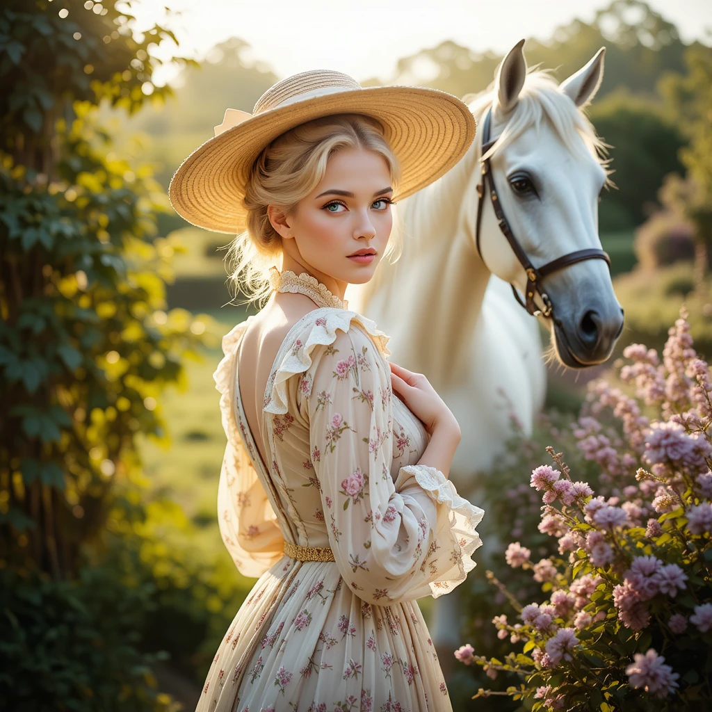 Joven mujer con vestido floral junto a un caballo blanco