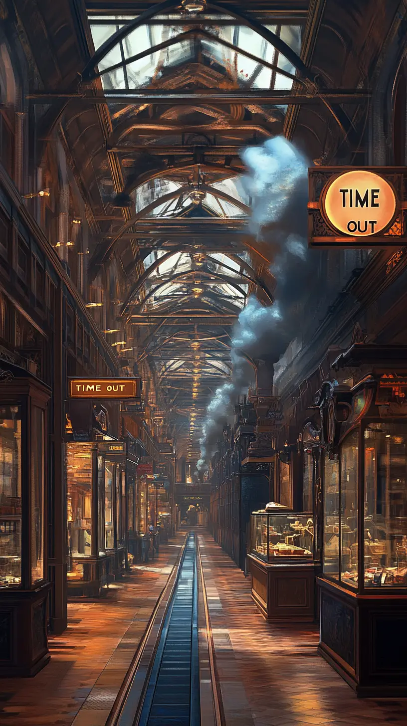 Ornate steampunk corridor with shops and glowing blue floor lights