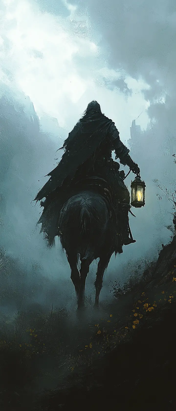 Knight On Spectral Steed Riding Through Misty Gothic Ruins