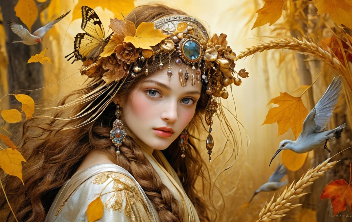 Femme d’automne avec écharpe magique dorée aux symboles de saison