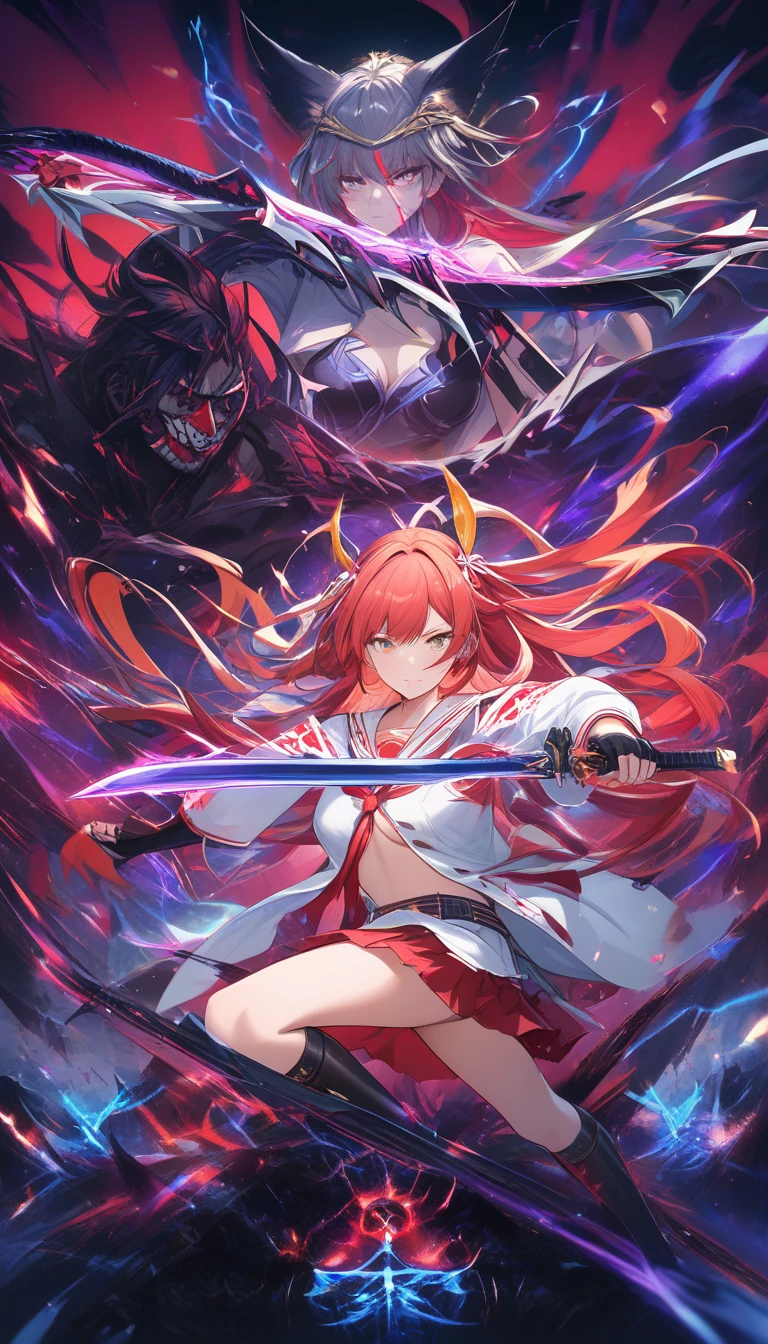 Samurai colegial de anime atacando demônios em um reino sombrio