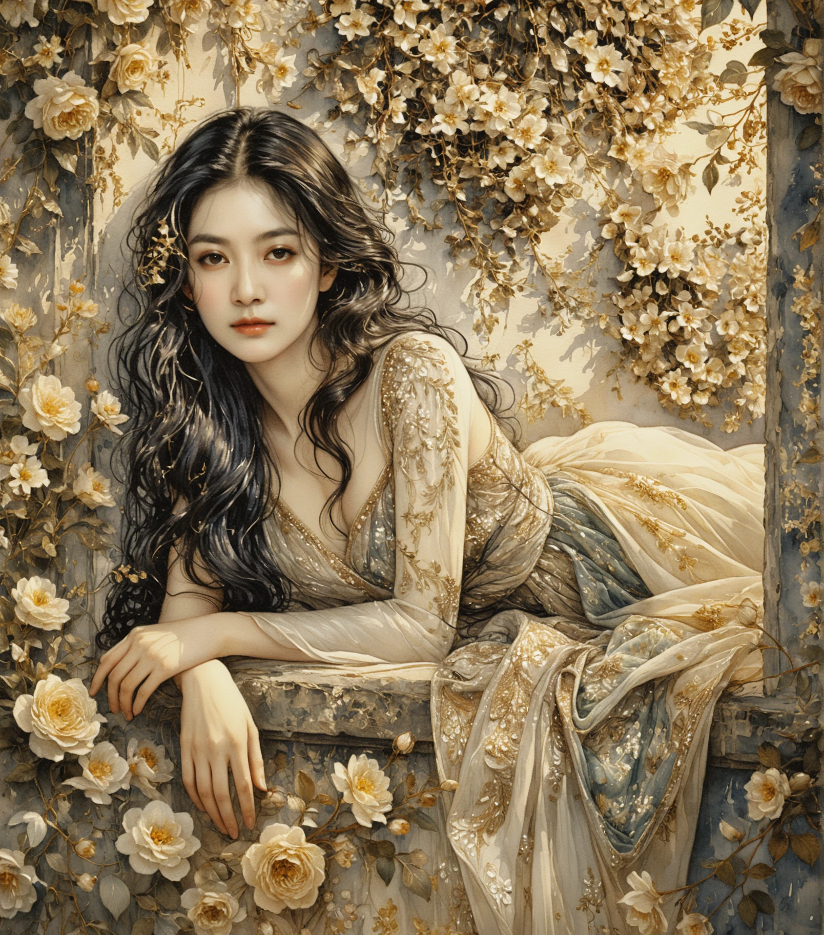 Garota elegante inclinada em uma parede coberta de flores - ilustração