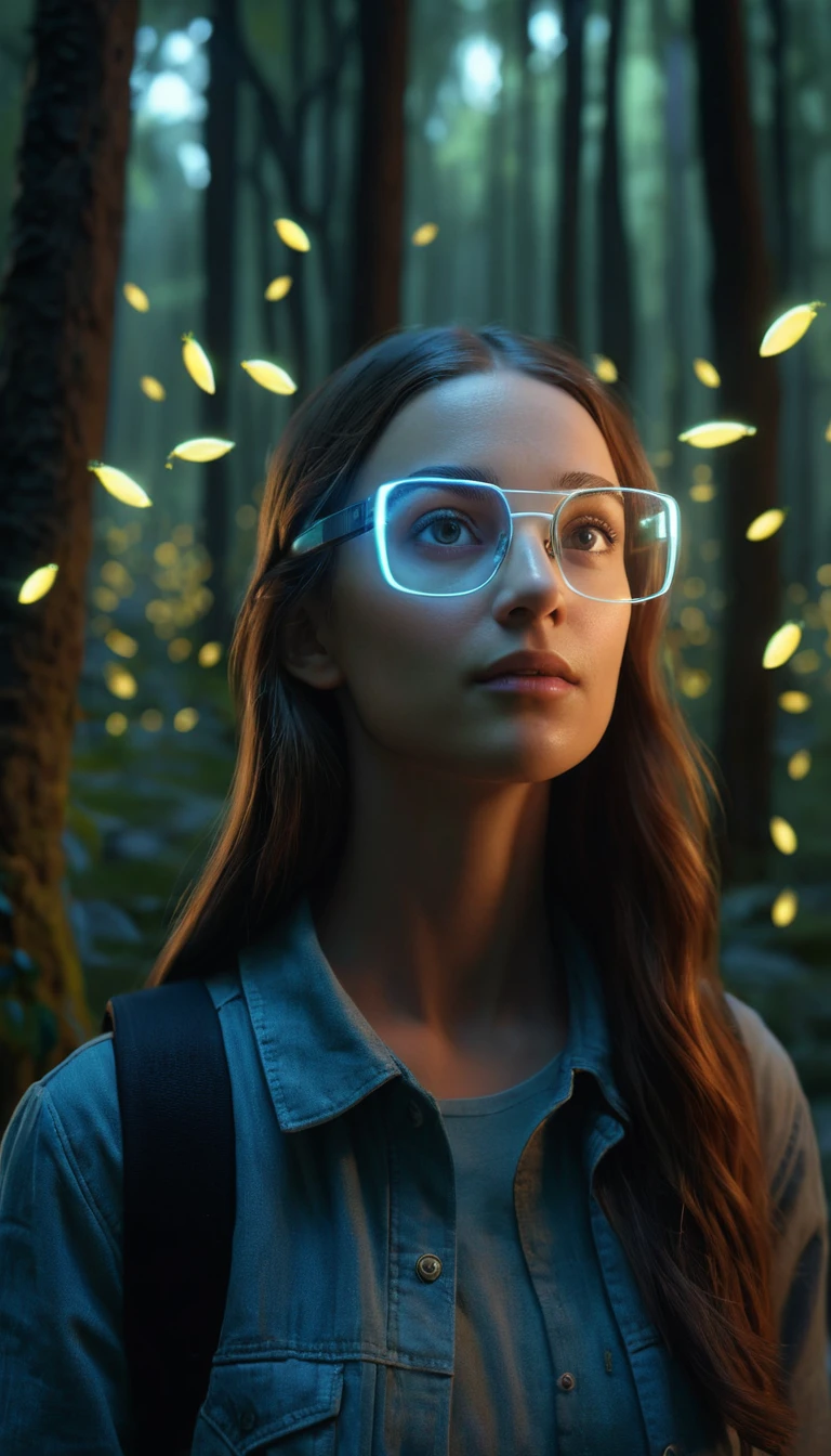Donna con occhiali AR in una foresta fantasy luminosa