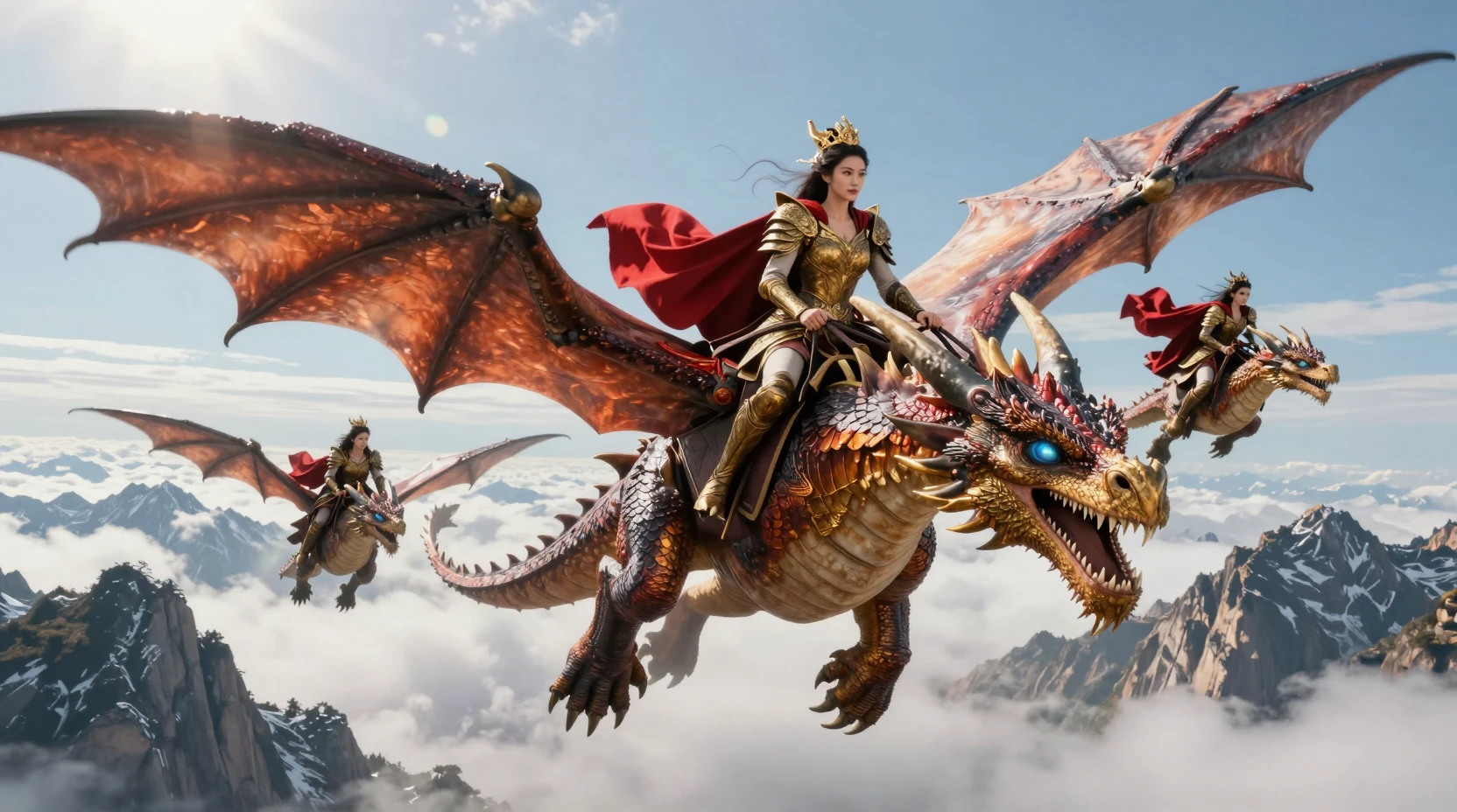 Rainha guerreira montando um dragão sobre montanhas dramáticas