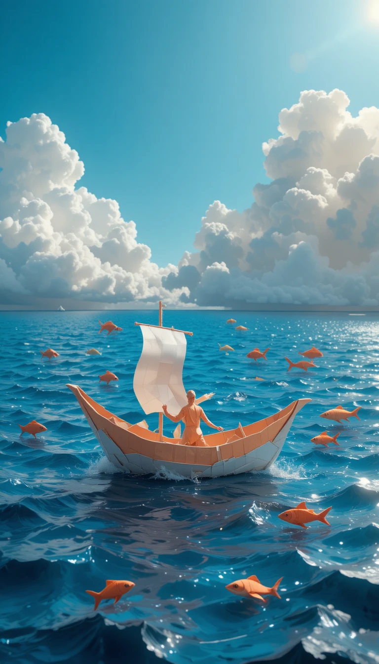 Origami-Papierboot, das auf einem klaren blauen Ozean segelt