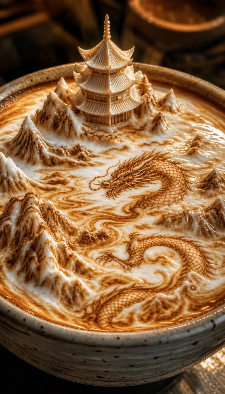 Makroansicht von filigraner Latte-Art mit Pagode und Drache