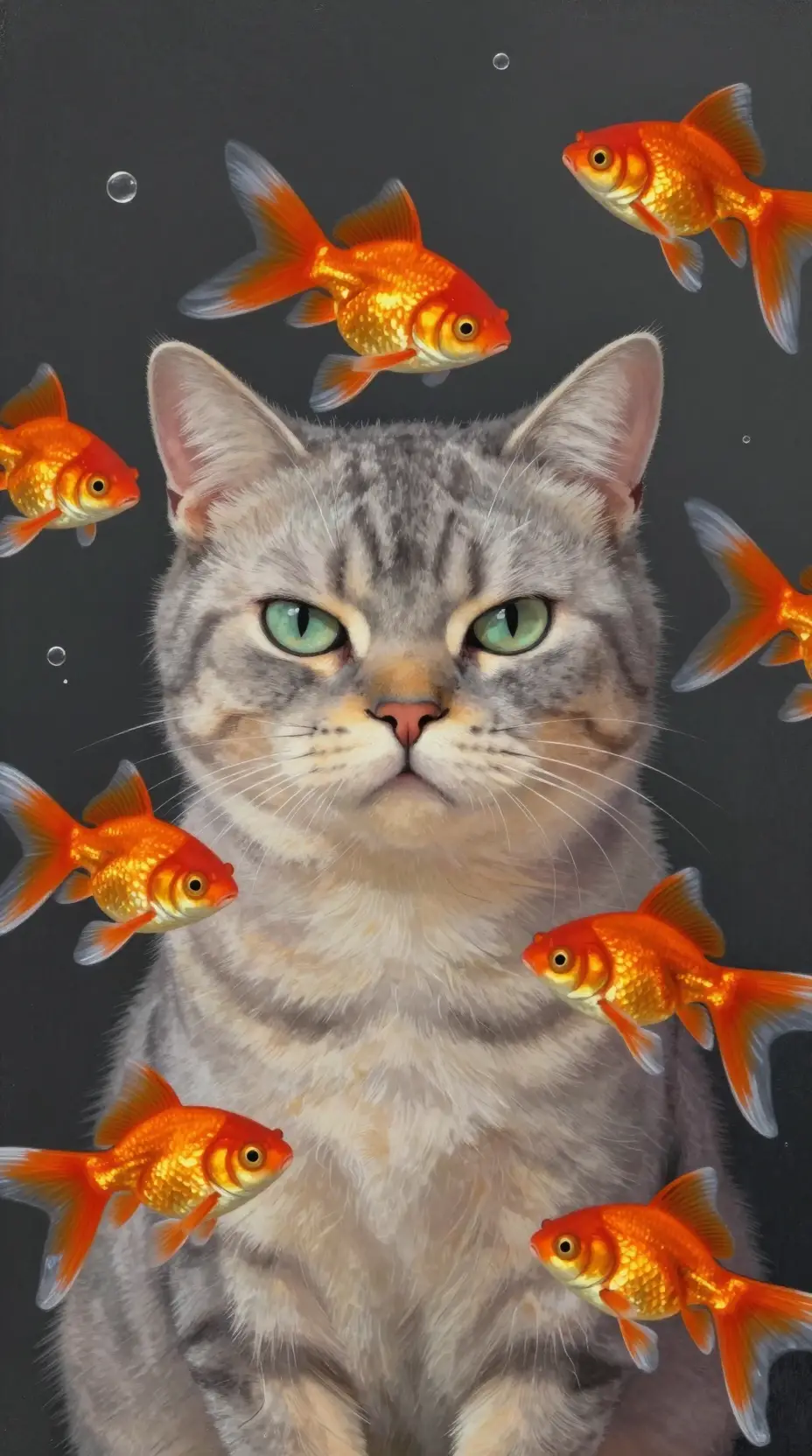 Grumpy Grey Tabby Cat With Goldfish In Gouache Portrait