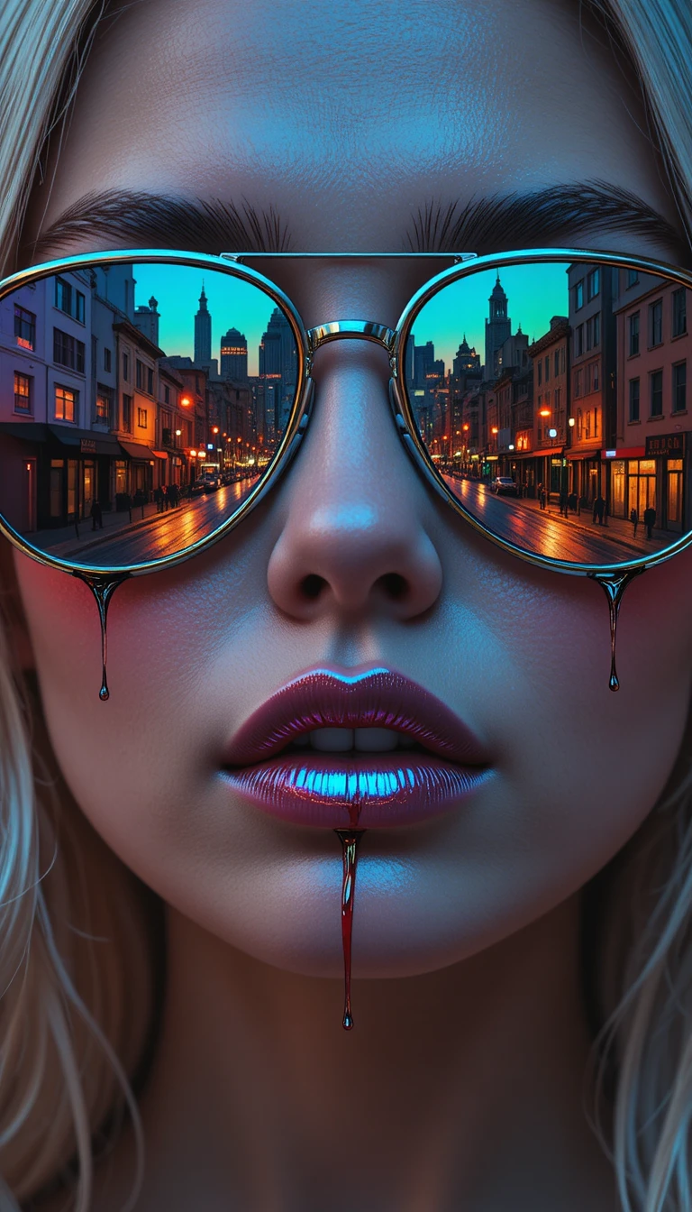 Surreale Nahaufnahme von verspiegelter Sonnenbrille mit Stadtspiegelung