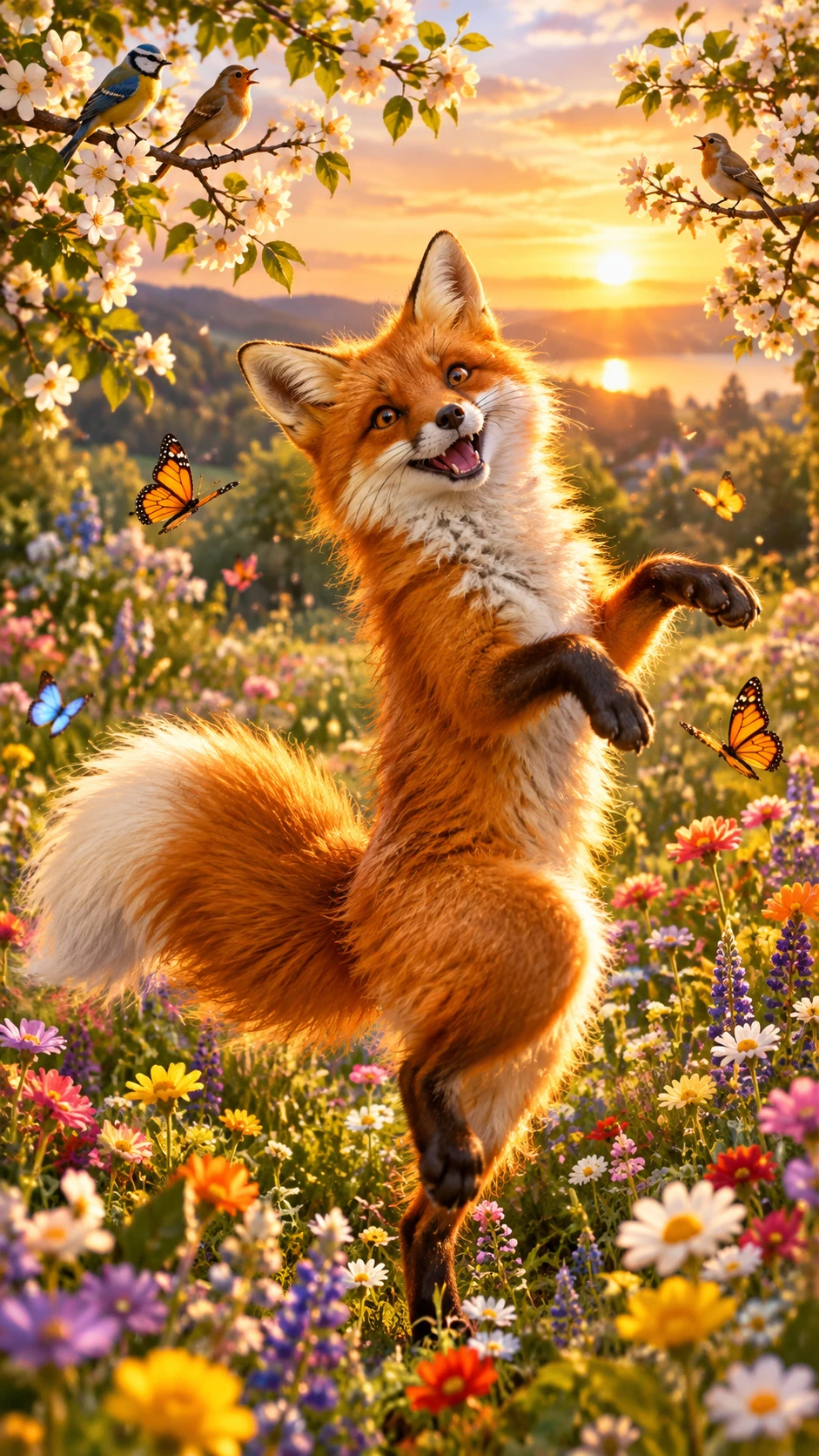 Fröhlicher roter Fuchs tanzt in einer Wildblumenwiese im Sonnenuntergang
