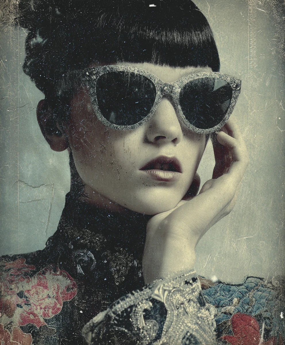 Retrato surreal de mulher em lã com óculos de sol excêntricos e bokeh