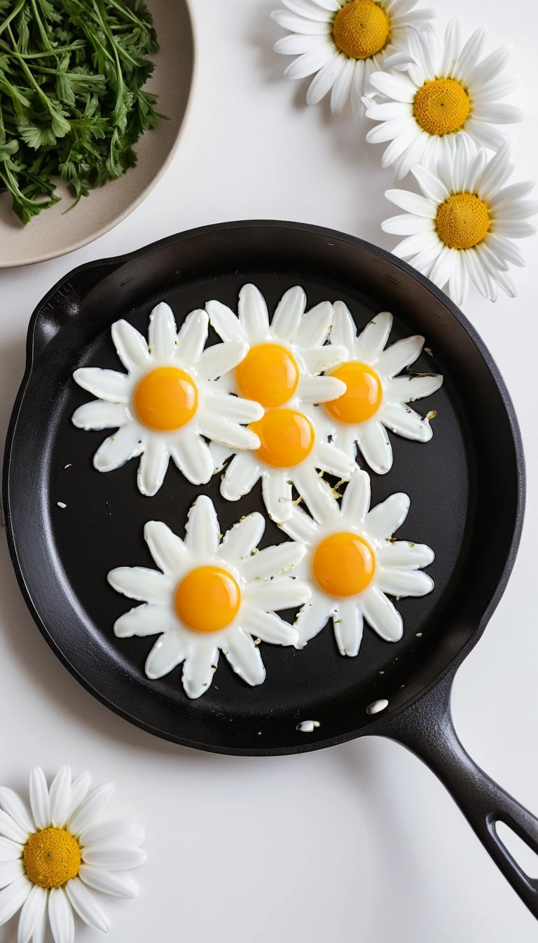 デイジー型の目玉焼きと散りばめられたデイジーの花
