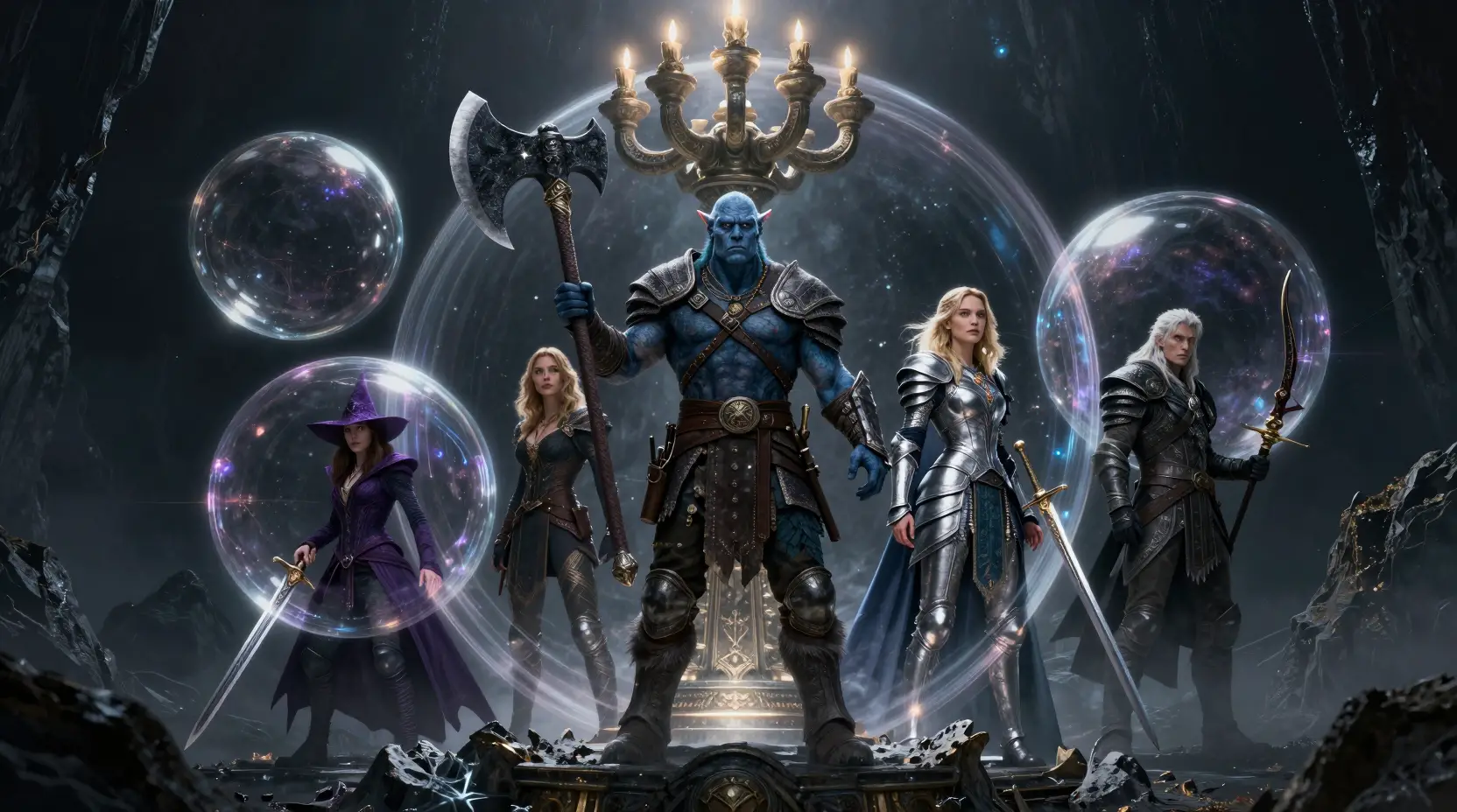 Fantasy heroes protected by glowing orbs in cosmic void