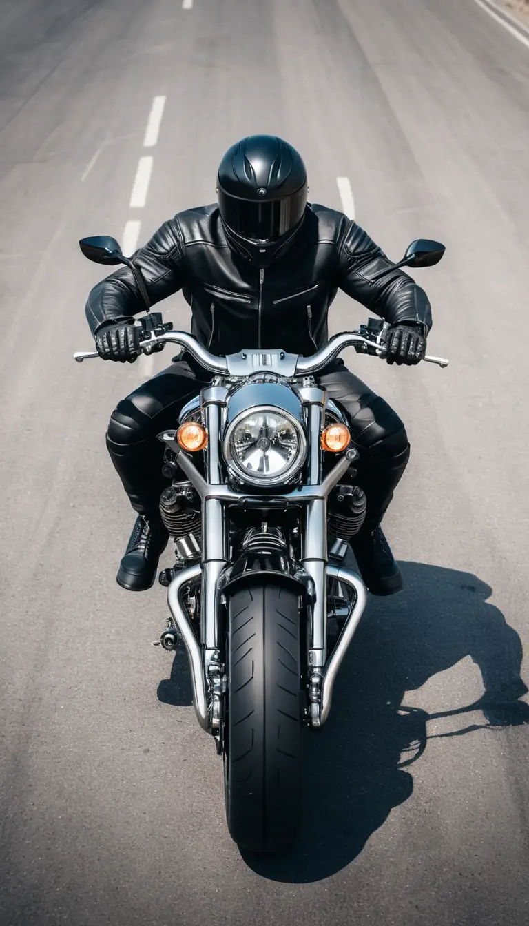 Futuristic custom motorcycle with rider in bold top down view