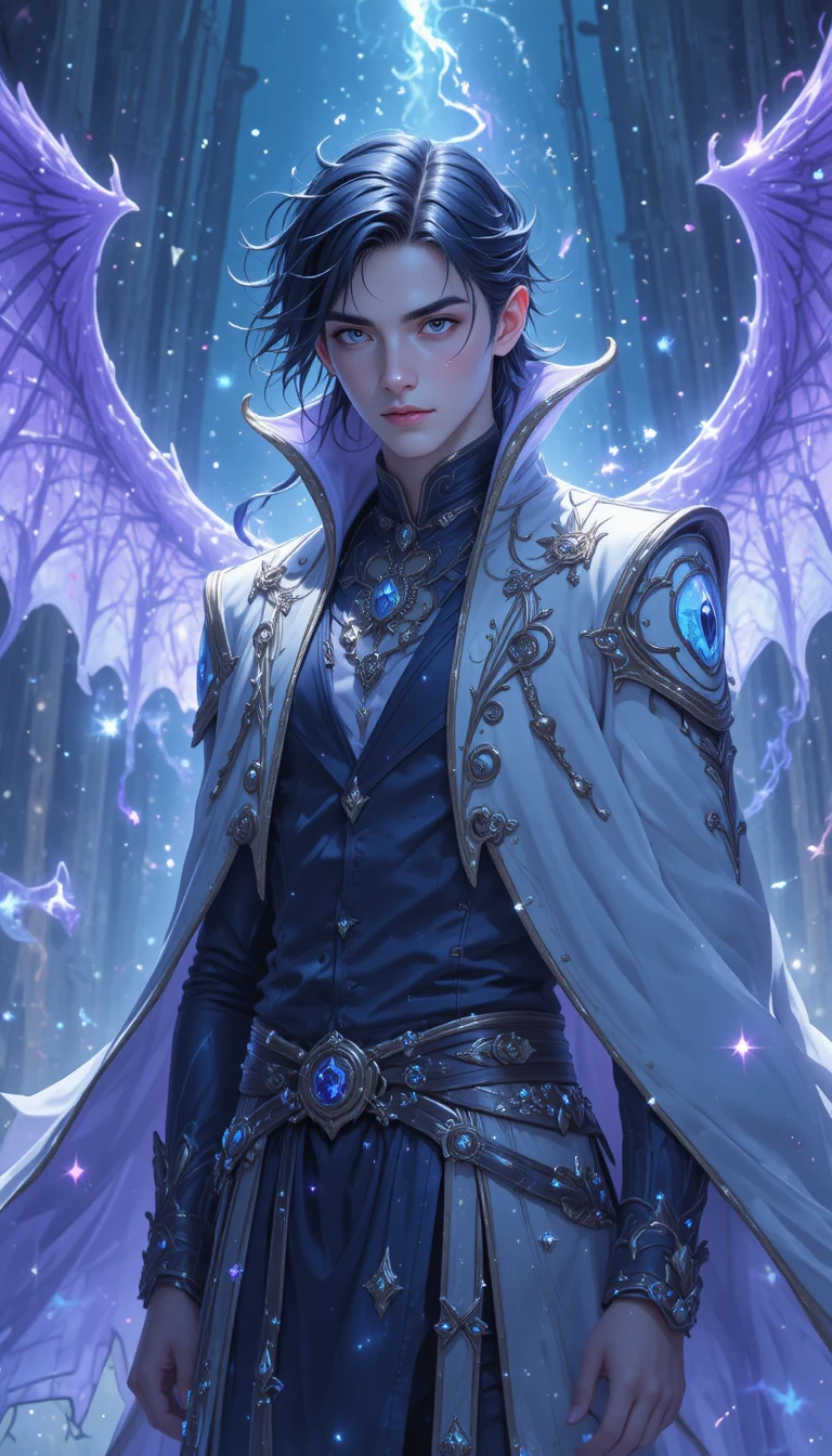 Blue eyed fantasy man in white and violet coat