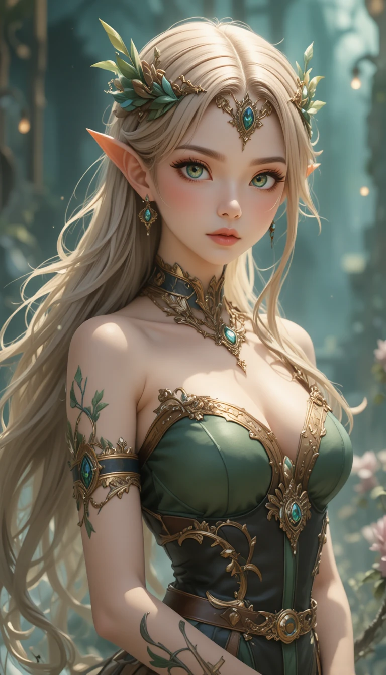 Fantasie-Animefrau mit Hörnern und smaragdgrünen Augen