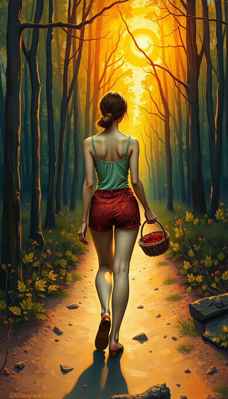 Mulher caminhando em trilha ensolarada na floresta com cesto de frutas vermelhas