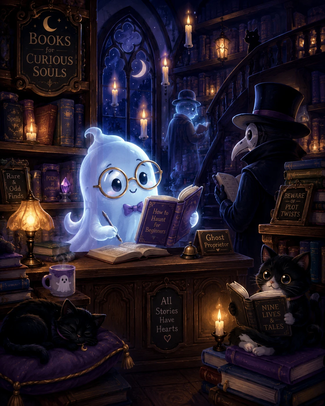 Pequeno fantasma administrando uma aconchegante livraria de antiguidades à meia-noite