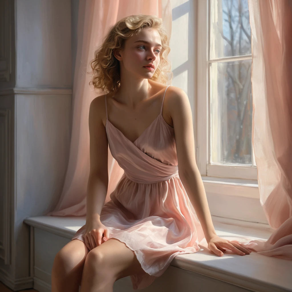 Jovem mulher com vestido slip rosa sob luz suave em ambiente interno