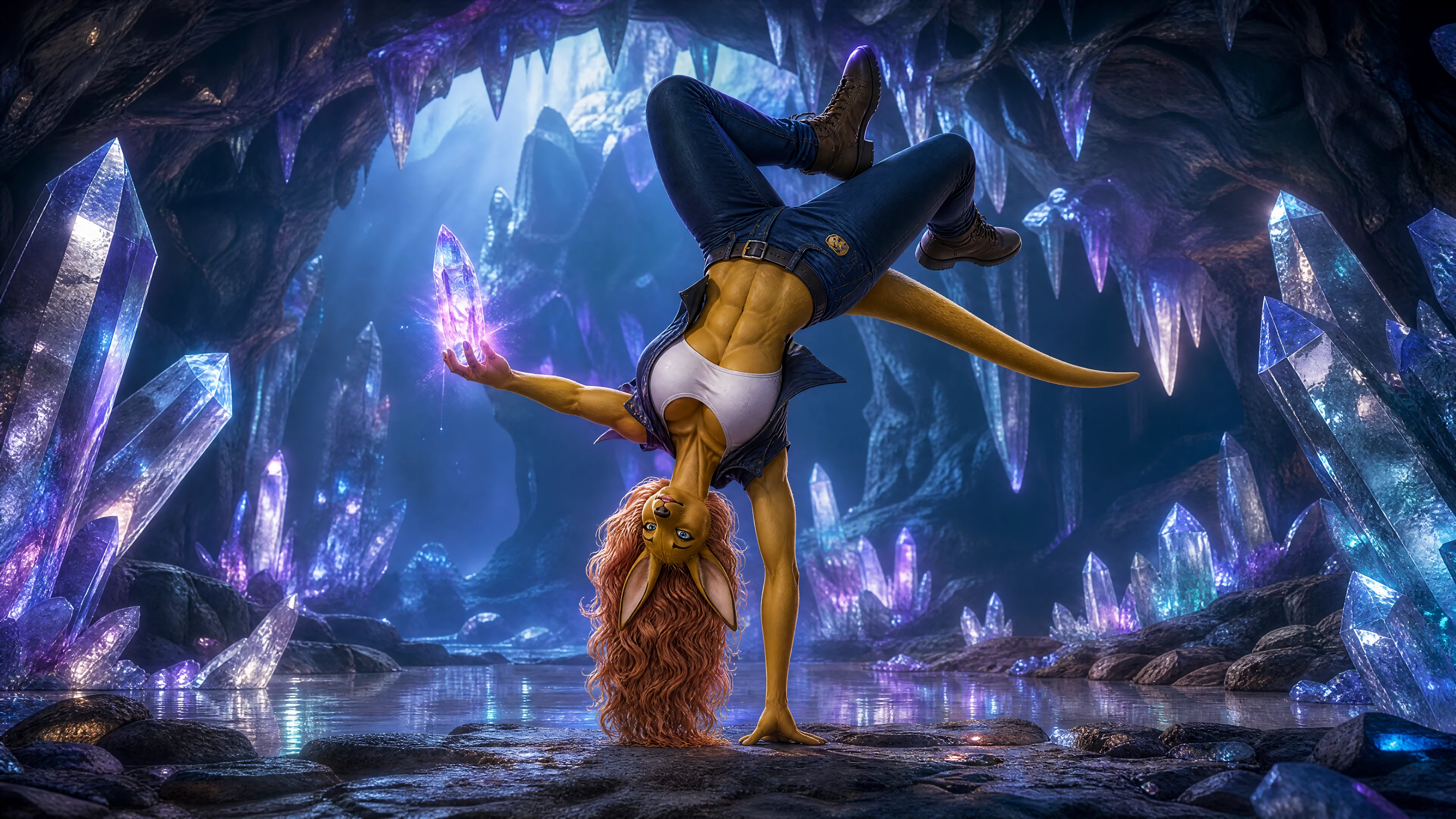 Anthro kangaroo woman doing a one hand headstand in cave