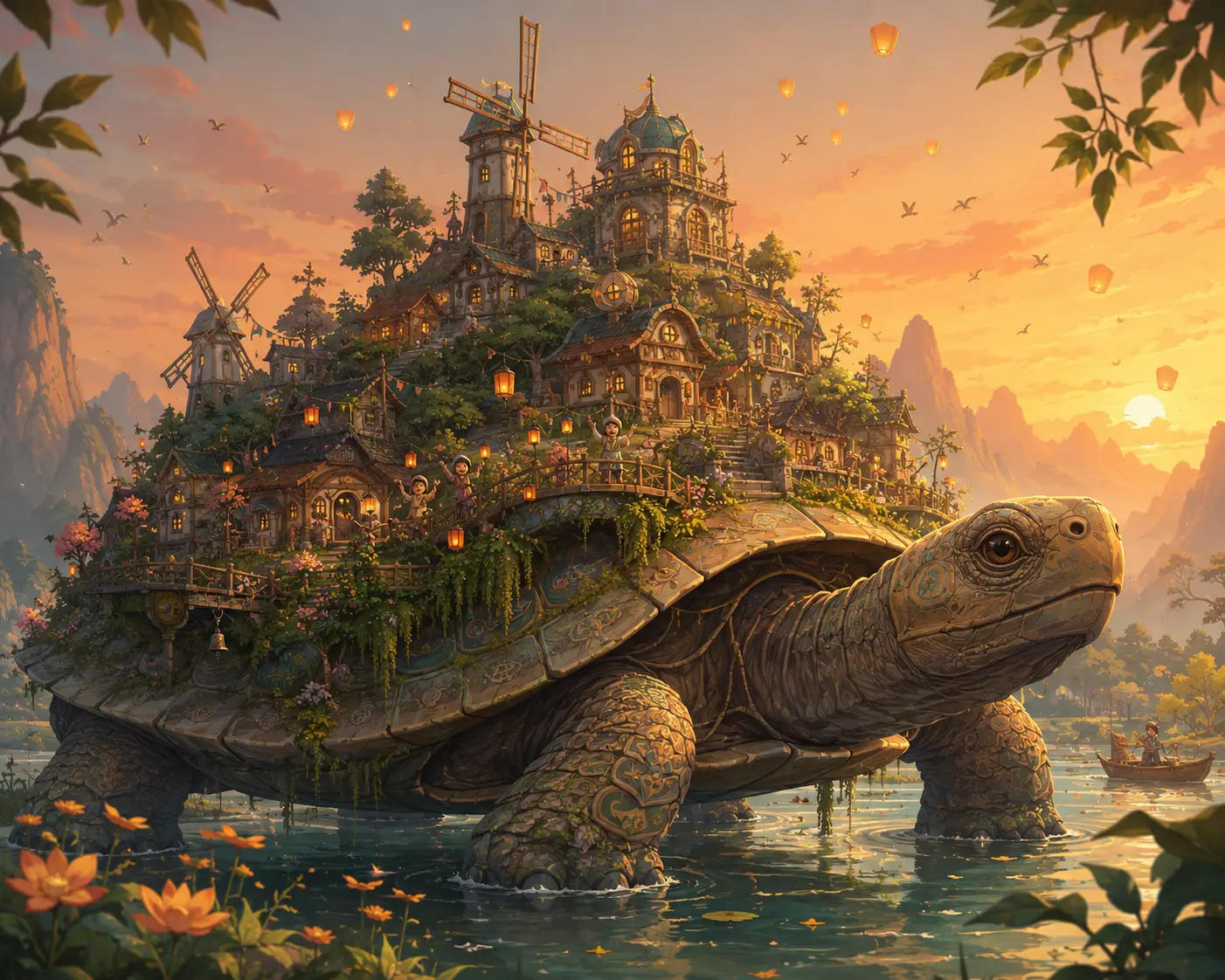 Uralte Schildkröte trägt ein winziges verzaubertes Dorf im Sonnenuntergang